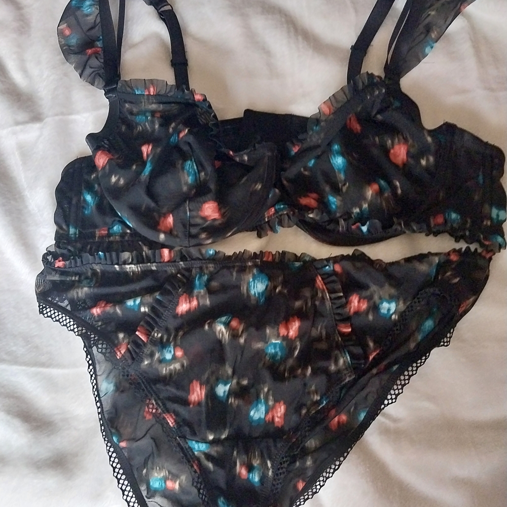 torrid Black Satin Floral Bra and Brief Set with Teal & Coral Accents